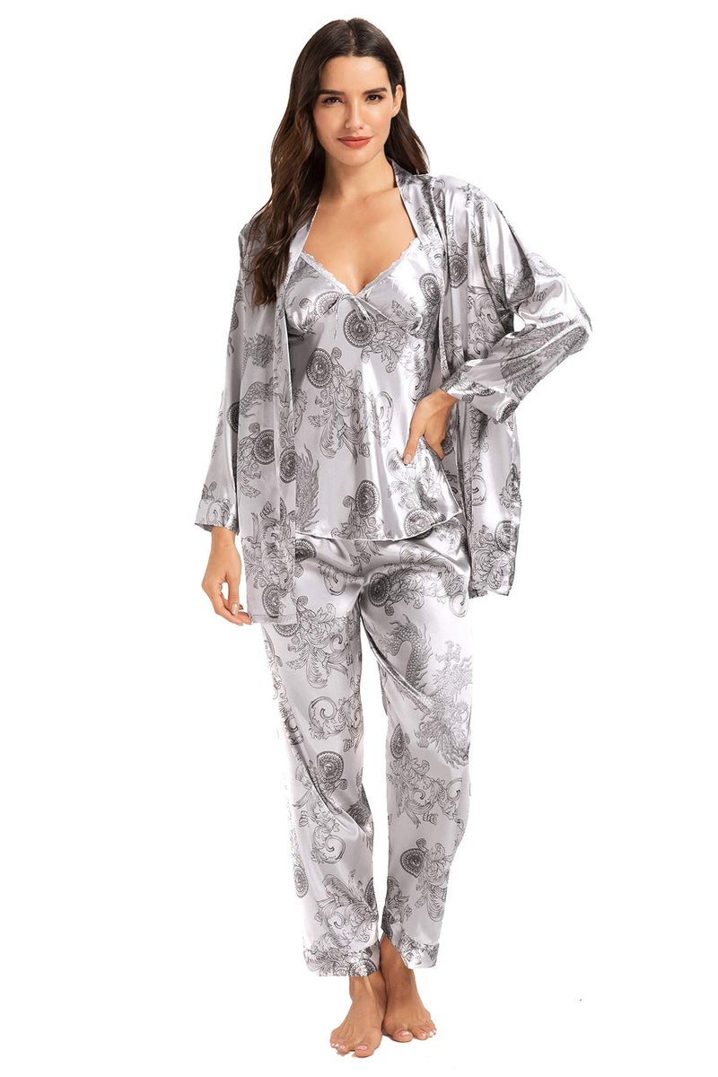 Escalier Women's Silk Satin Pajamas Set 3 Pcs Floral Silky Pj Sets Sleepwear Cami Nightwear with Robe and Pants Grey 2XL - Image 1